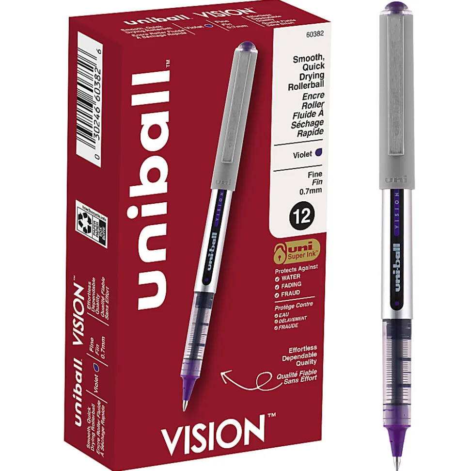 uni-ball® Vision™ Rollerball Pens, Fine Point, 0.7 mm, Gray Barrel, Violet Ink, Pack Of 12