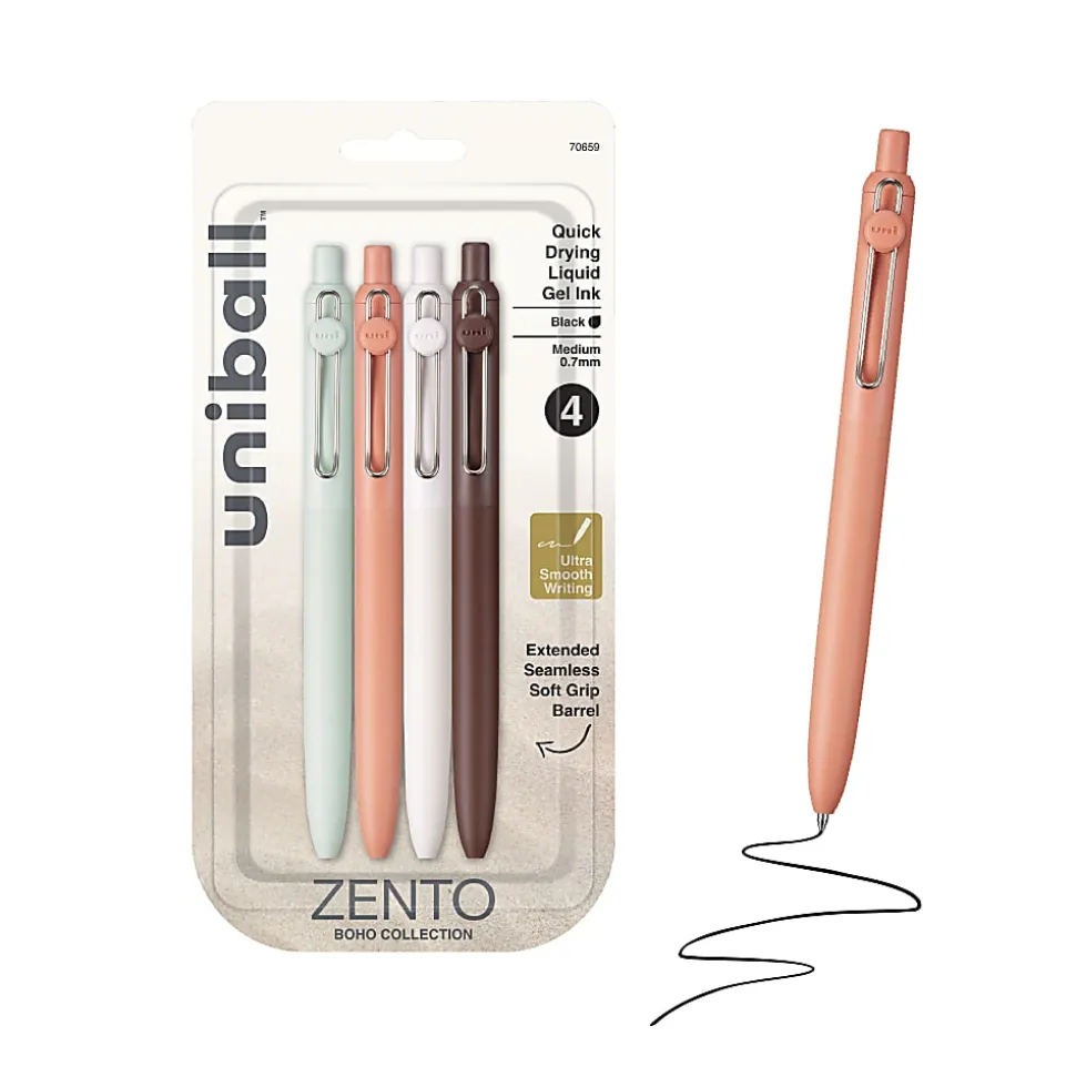 uniball™ Zento Retractable Liquid Gel Pens, 0.7mm Medium Point, Black Ink, Boho Barrel Colors, 4 Count