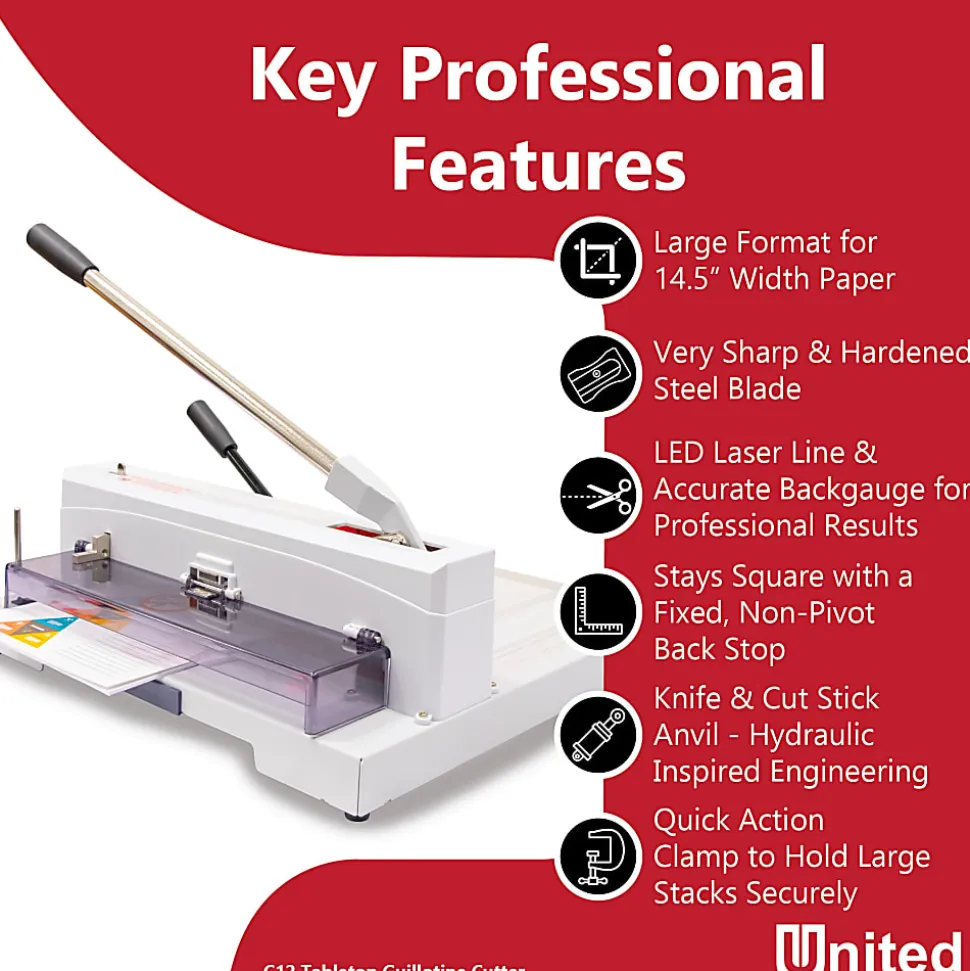 United C12 Tabletop Guillotine Paper Cutter With LED Laser Cut Line, 14.5”, Gray