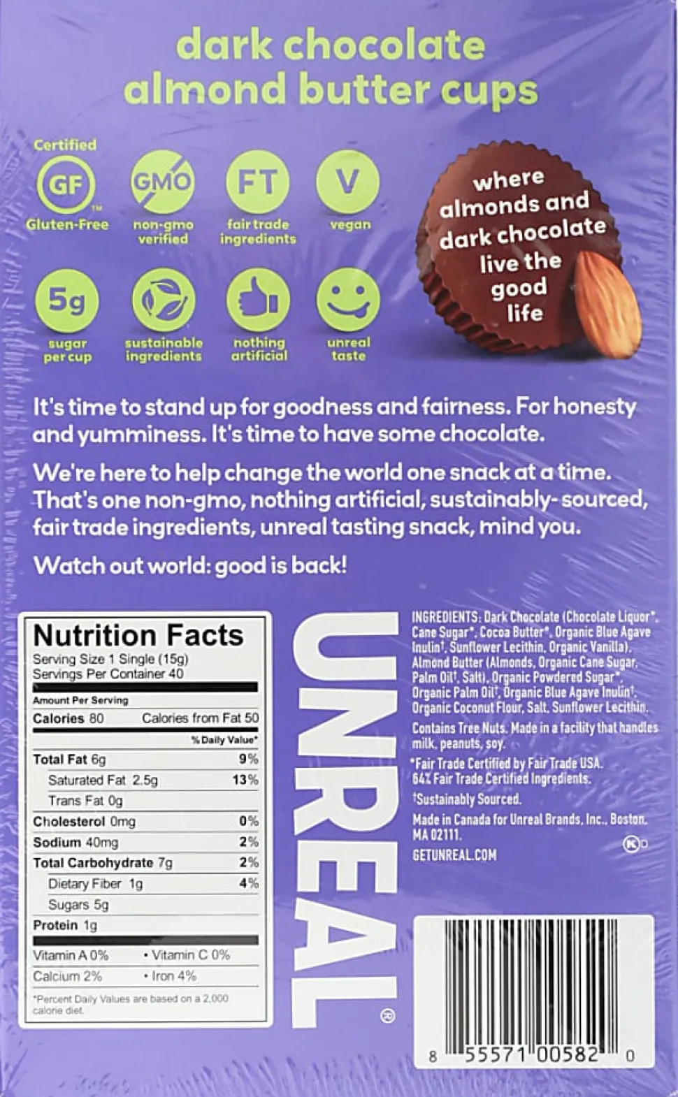 Unreal Dark Chocolate Almond Butter Cups, 0.53 Oz, Total Qty 40