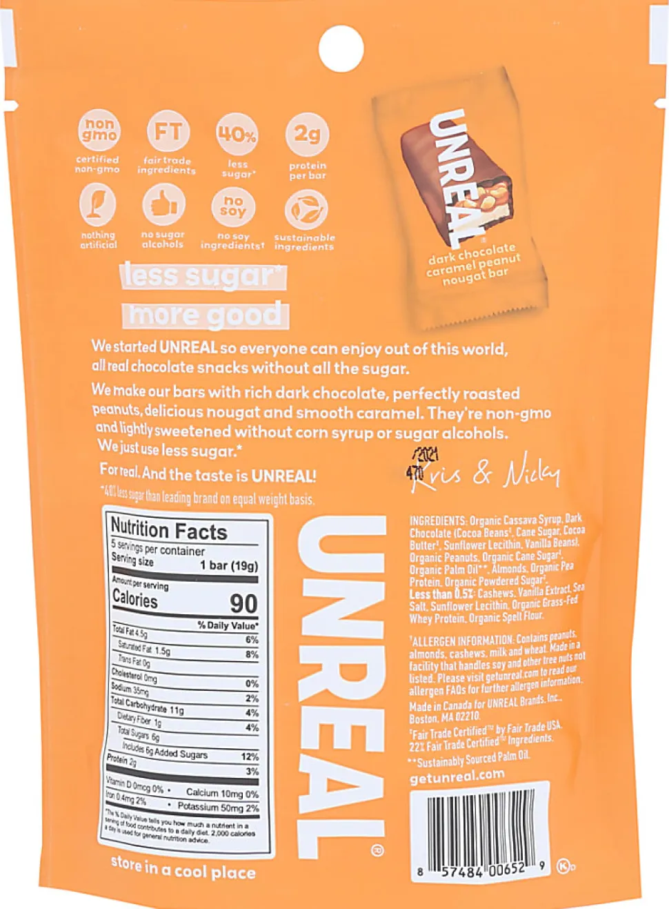 Unreal Dark Chocolate Caramel Peanut Nougat Bars, 3.4 Oz, Total Qty 6