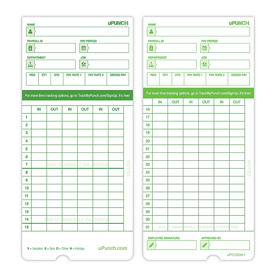 uPunch All Pay Periods Time Cards, 2-Sided, 3.5" x 7.5", Green, Pack Of 50, HNTCG1050