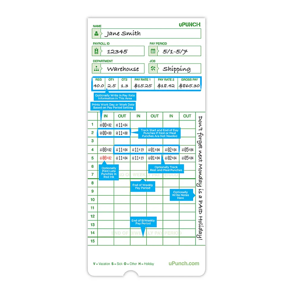 uPunch All Pay Periods Time Cards, 2-Sided, 3.5" x 7.5", Green, Pack Of 50, HNTCG1050