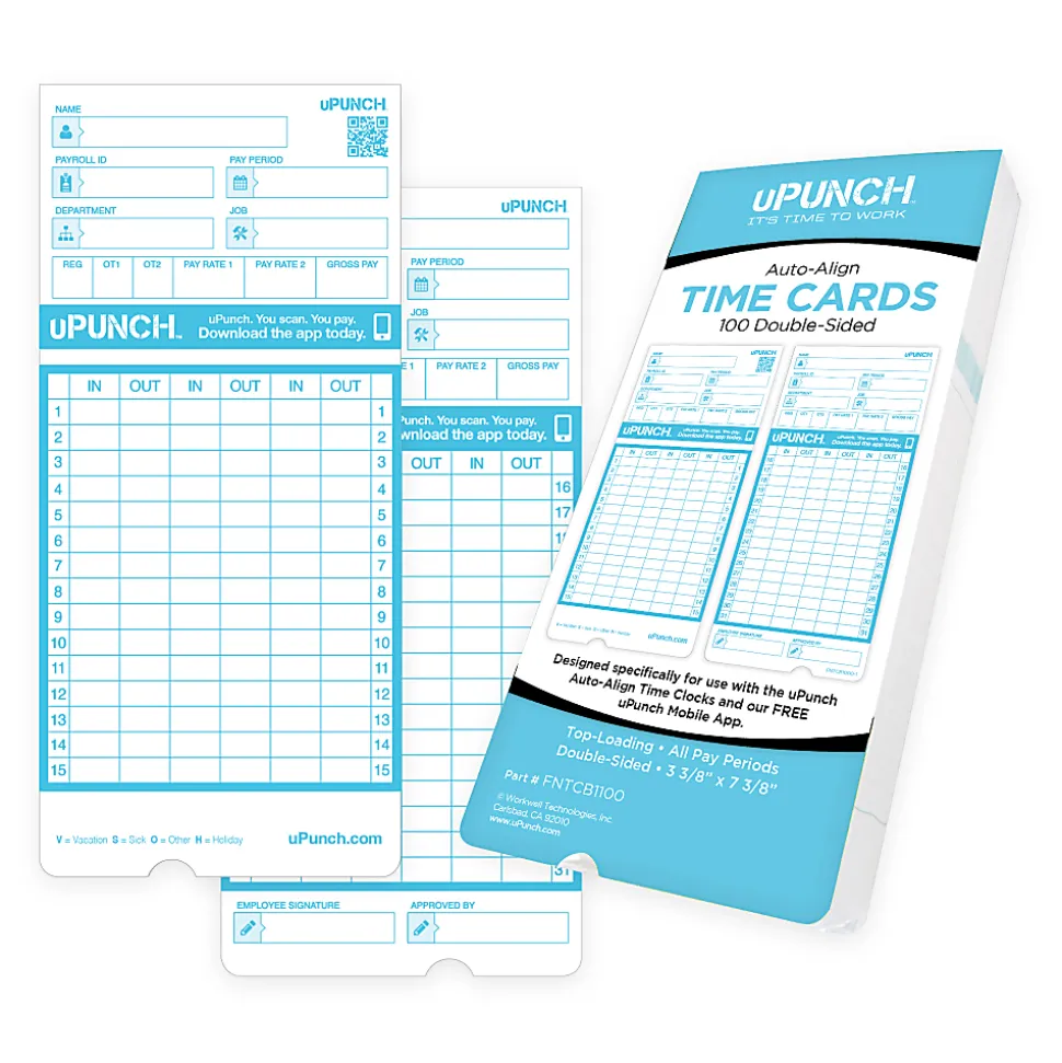 uPunch Pay-to-Punch Time Cards For SB1200 Time Clock, 3-7/16" x 7-7/16", Pack Of 100 Cards