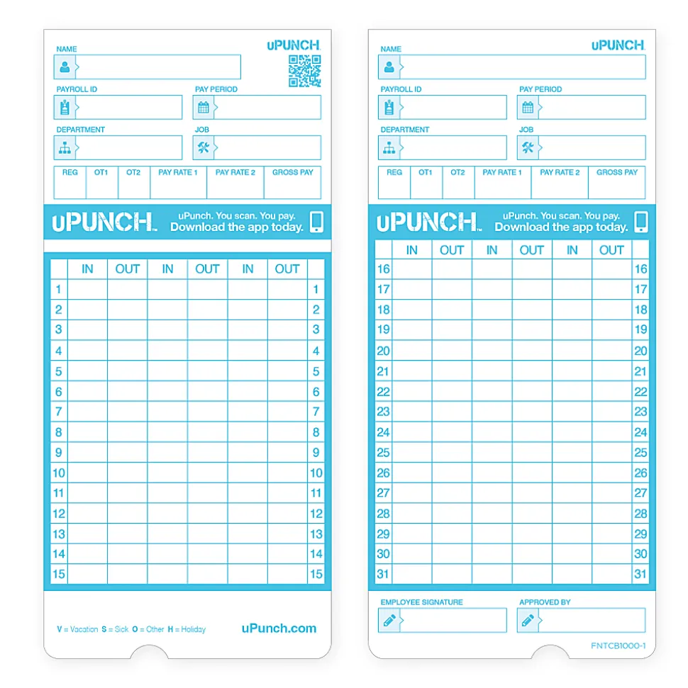 uPunch Pay-to-Punch Time Cards For SB1200 Time Clock, 3-7/16" x 7-7/16", Pack Of 100 Cards
