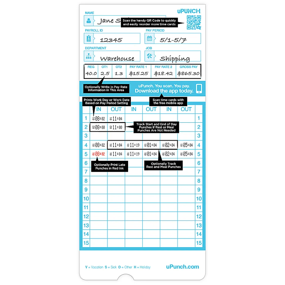 uPunch Pay-to-Punch Time Cards For SB1200 Time Clock, 3-7/16" x 7-7/16", Pack Of 100 Cards