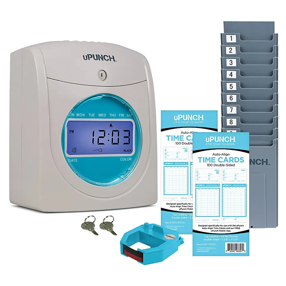 uPunch SB1200 Electronic Auto-Align Punch Time Clock Bundle, Unlimited Employees, 12"H x 11"W x 16"D