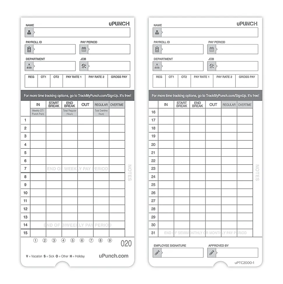 uPunch Time Cards, 2-Sided, 7.5" x 3.5", Gray, Pack Of 100, HNTCL2100-R