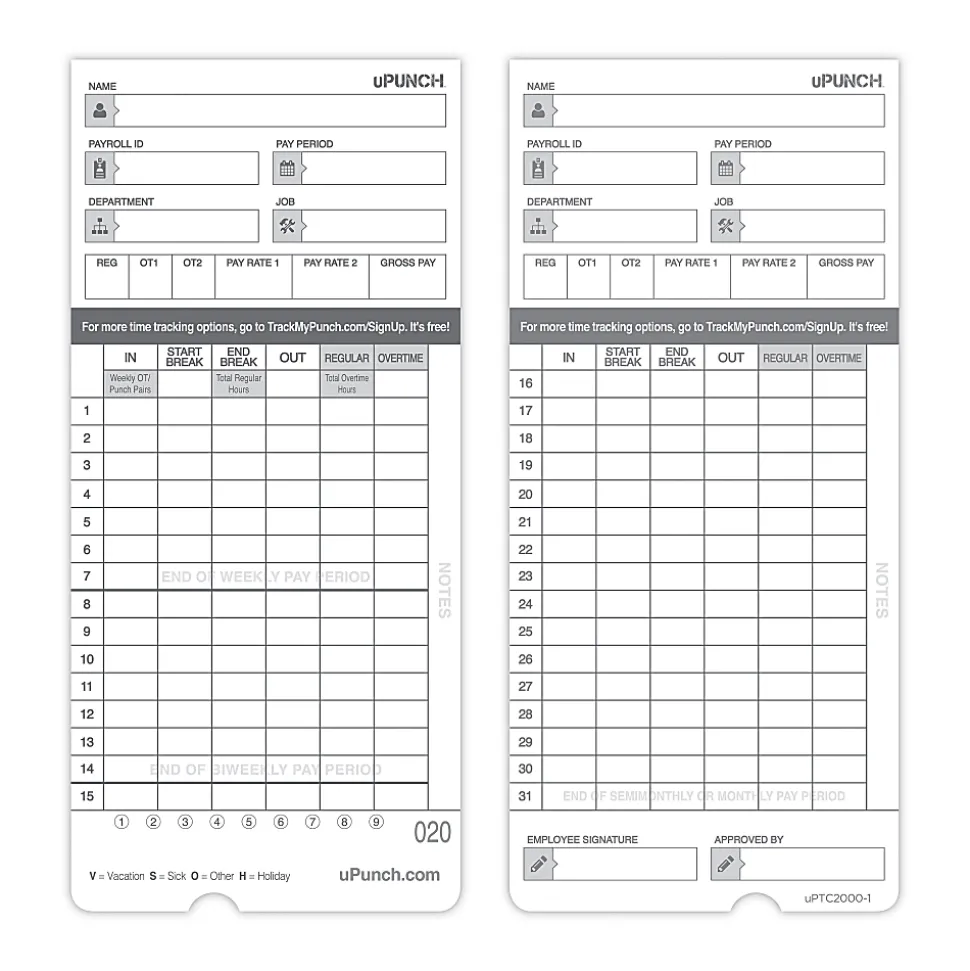 uPunch Time Cards, 2-Sided, 3.5" x 7.5", Gray, Pack Of 50, HNTCL2050