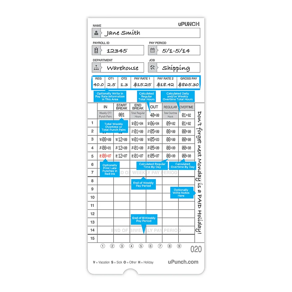 uPunch Time Cards, 2-Sided, 3.5" x 7.5", Gray, Pack Of 50, HNTCL2050