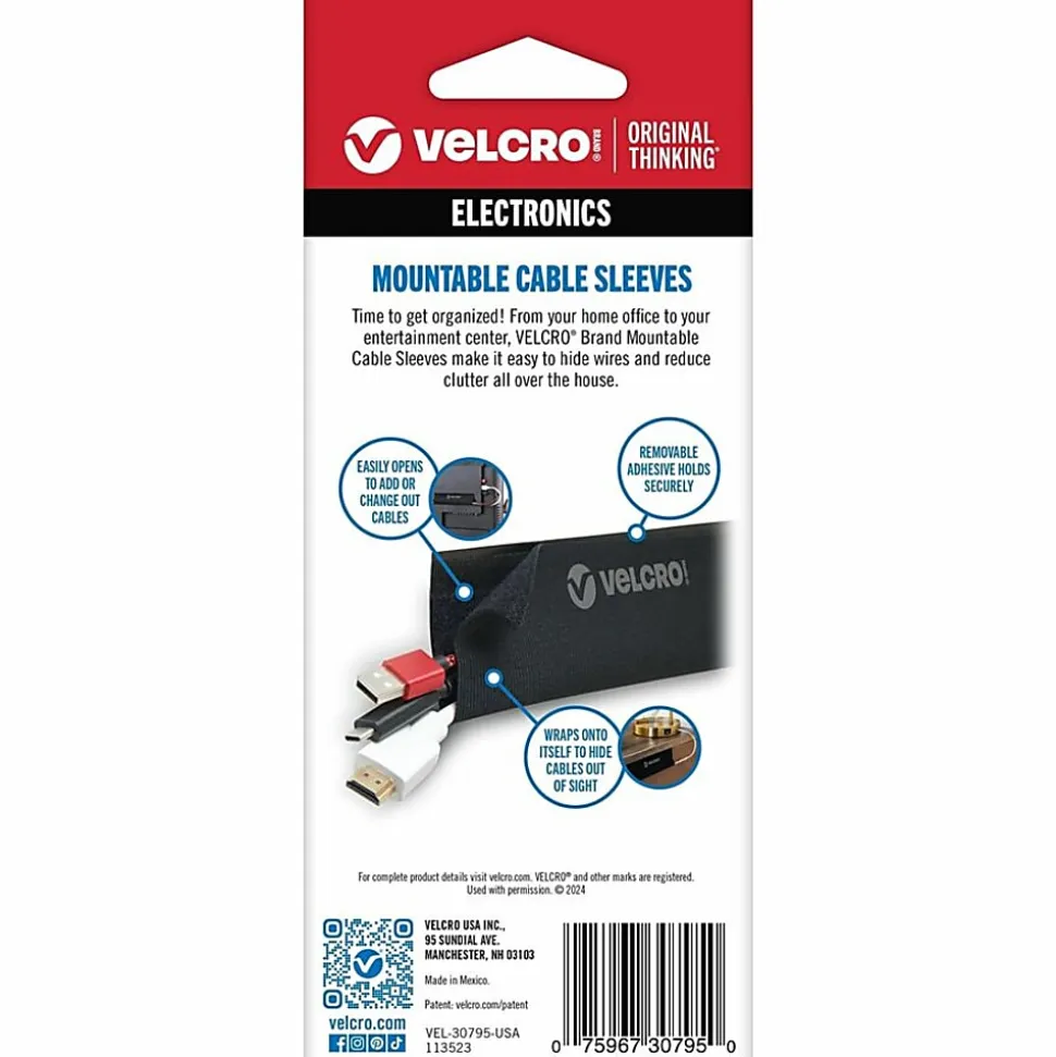VELCRO® Brand Mountable Cable Sleeves, 8” x 4-3/4”, Black, Pack Of 2 Sleeves, VEL-30795-USA