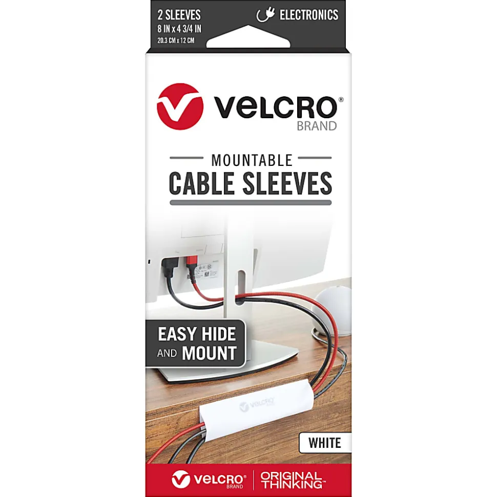 VELCRO® Brand Mountable Cable Sleeves, 8” x 4-3/4”, White, Pack Of 2 Sleeves, VEL-30796-USA