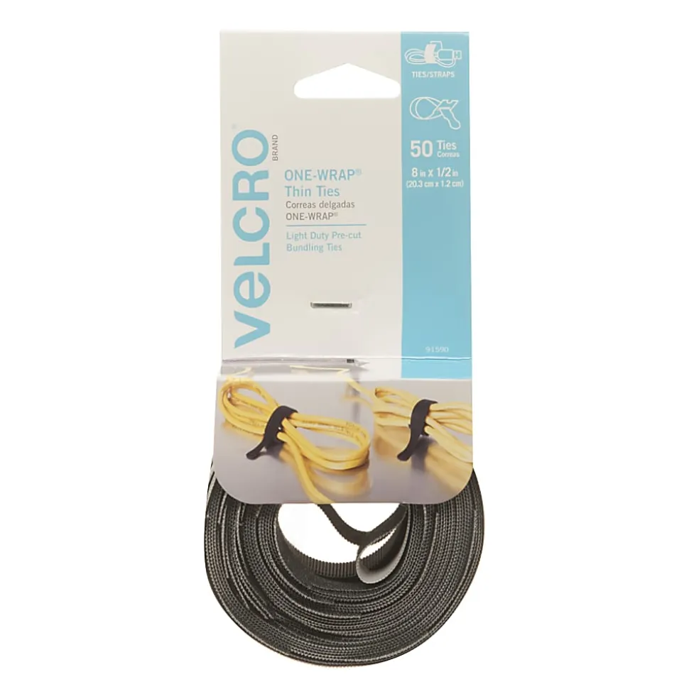 VELCRO® Brand One-Wrap Thin Ties, 8" x 1/2", Gray/Black, Pack Of 50 Ties
