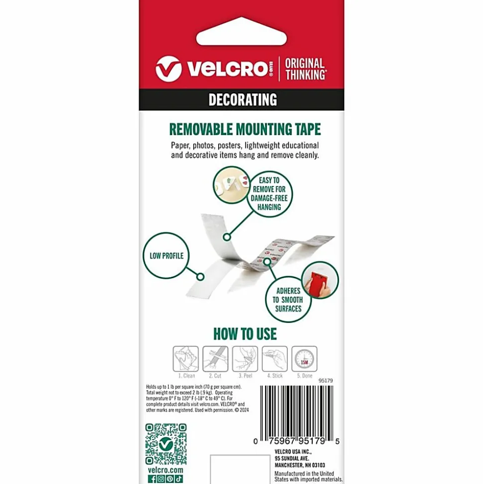 VELCRO® Brand Removable Mounting Tape, 0.75" x 15', White