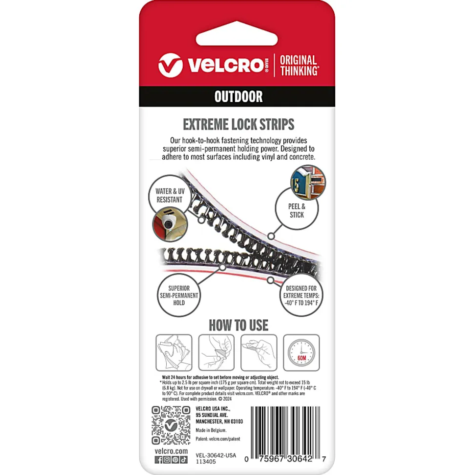 VELCRO® Brand Sticky Back ALFA-LOK® Outdoor Extreme Lock Fasteners, 3" x 1", Black, Total Qty 8