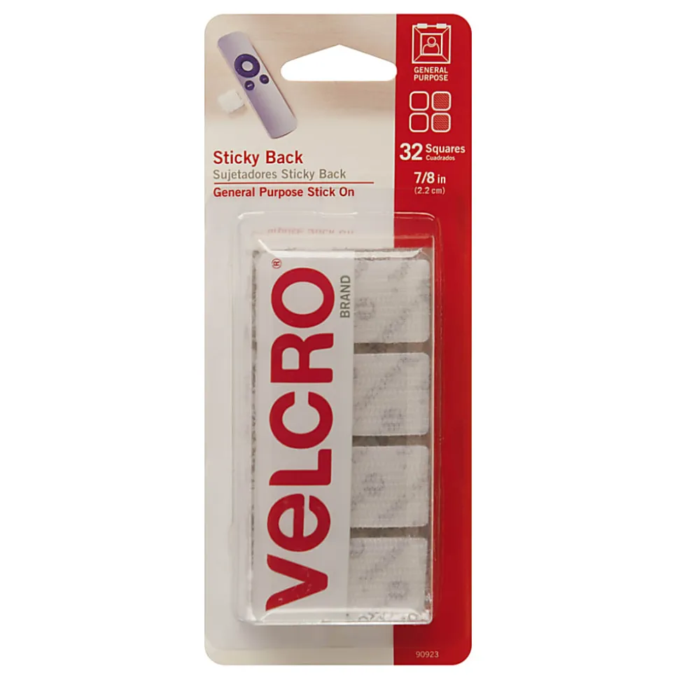 VELCRO® Brand Sticky Back Fastener Squares, 7/8" x 7/8", White, Pack Of 32