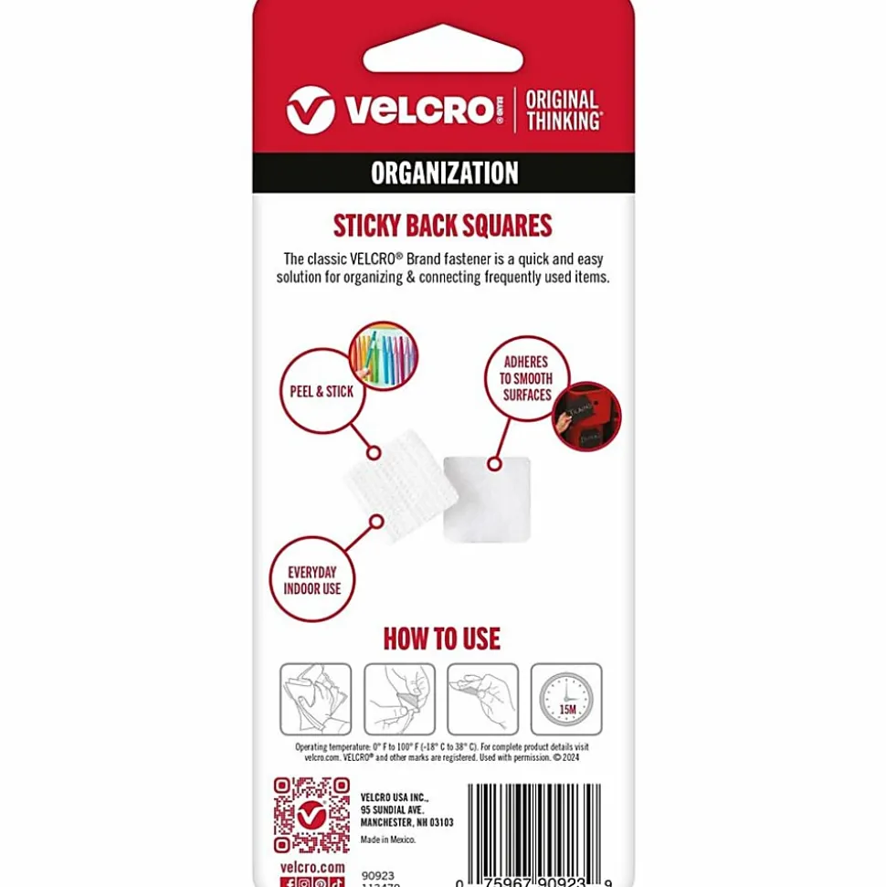 VELCRO® Brand Sticky Back Fastener Squares, 7/8" x 7/8", White, Pack Of 32