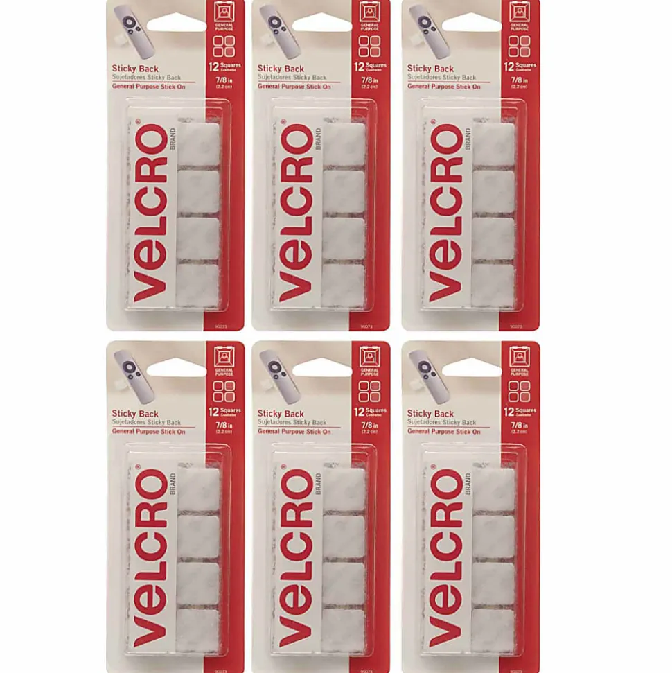 VELCRO® Brand STICKY BACK® Fasteners, Square, 0.88", White, 12 Fasteners Per Pack, Set Of 6 Packs