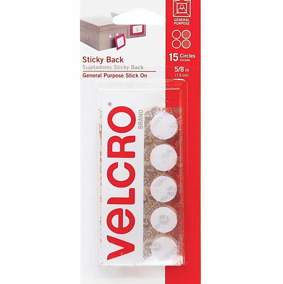 VELCRO® Brand STICKY BACK® Fasteners, 5/8", Coin, White, Pack of 15