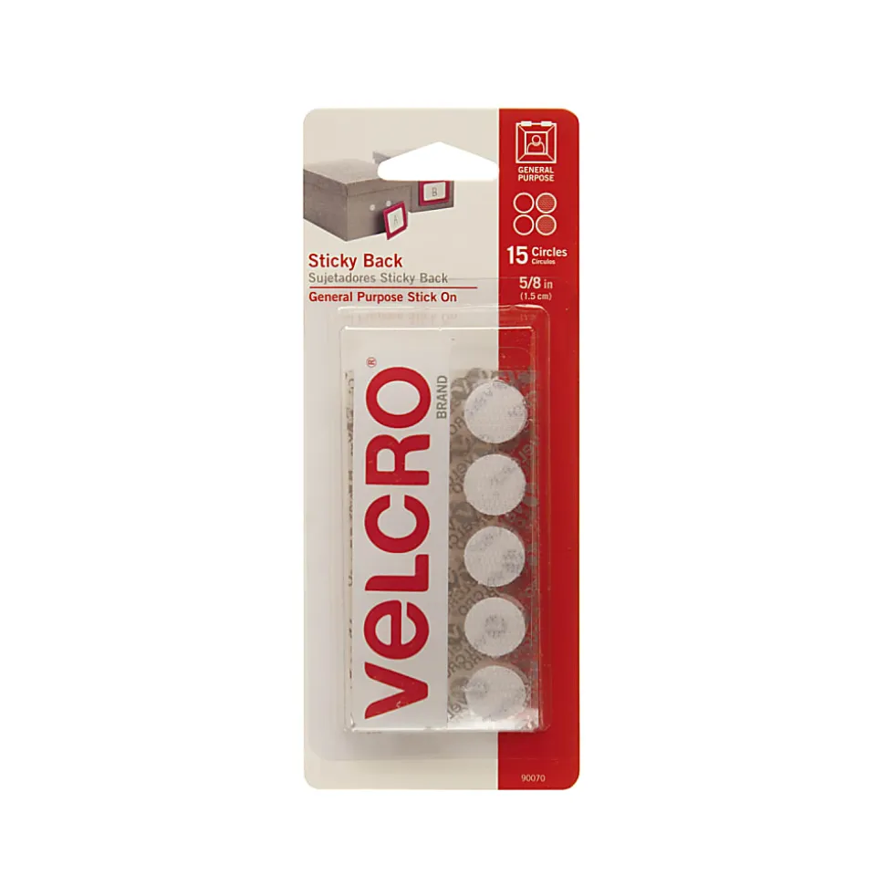VELCRO® Brand STICKY BACK® Fasteners, 5/8", Coin, White, Pack of 15