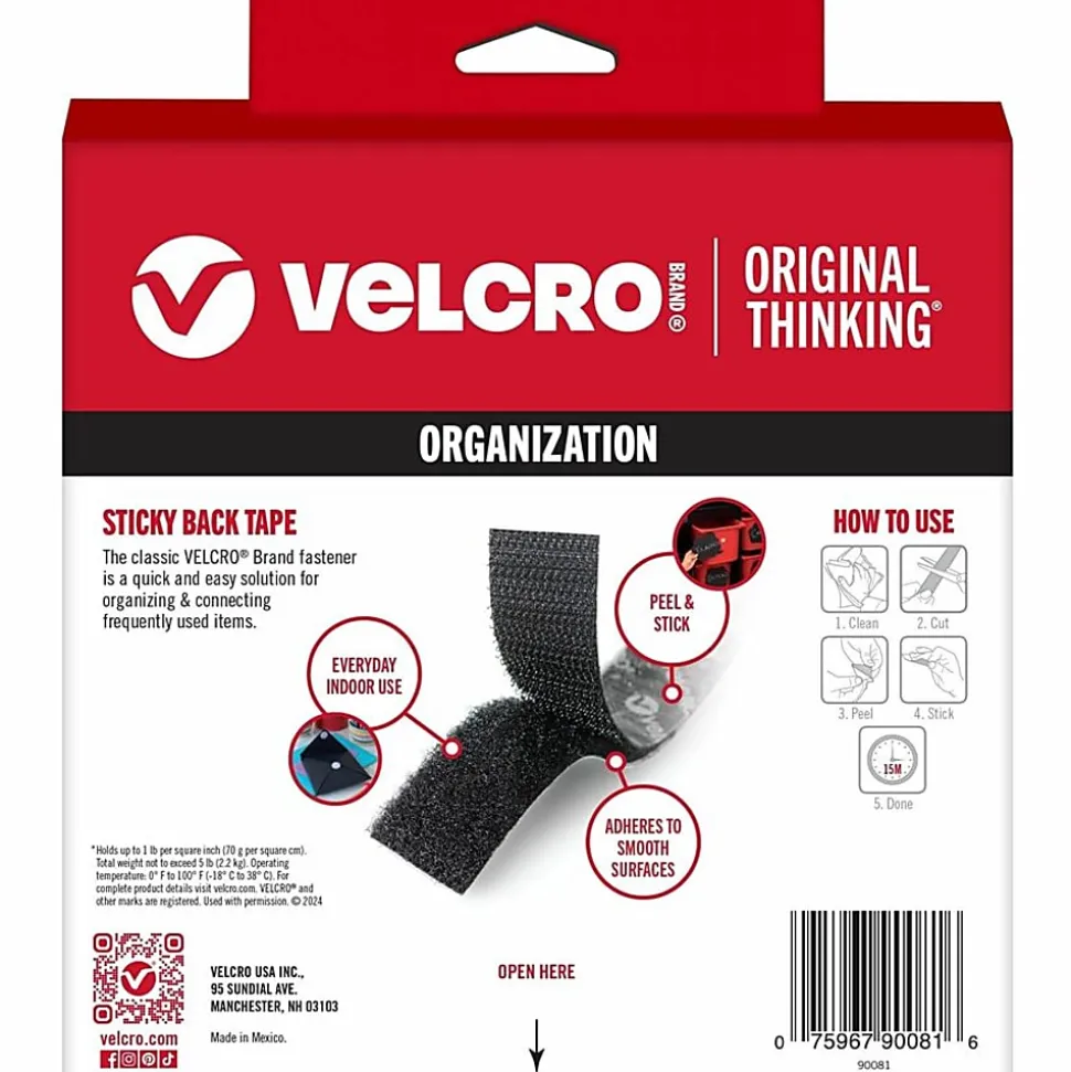 VELCRO® Brand STICKY BACK® Fasteners, 3/4" x 15', Black