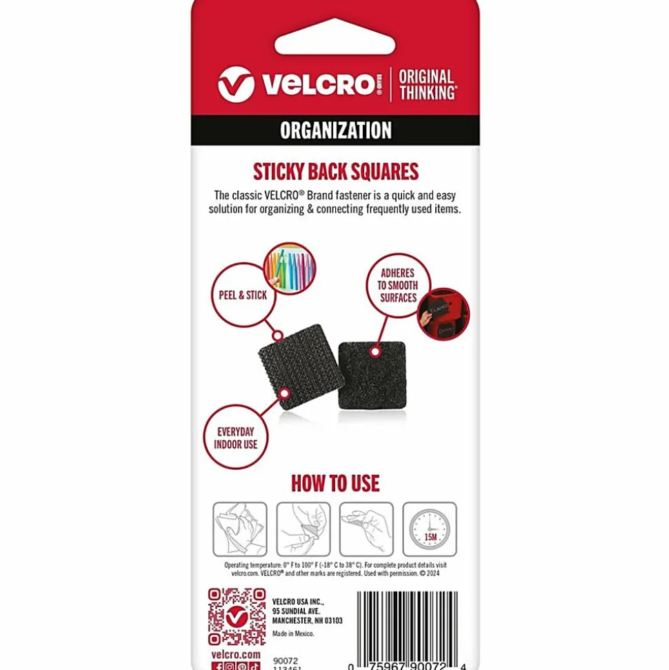 VELCRO® Brand Sticky Back Squares, 15/16" x 15/16", Black, Total Qty 12