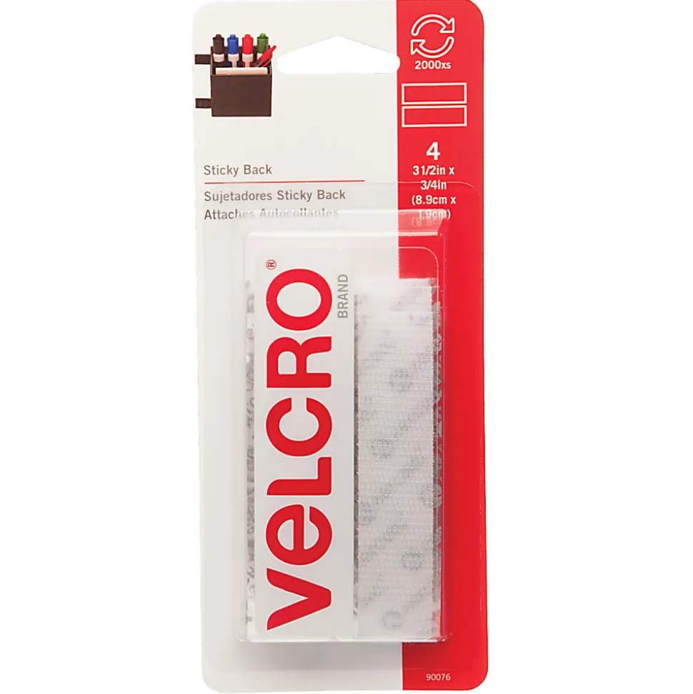 VELCRO® Brand Sticky Back™ Tape, 3/4" x 3 1/2", White, 4 Strips Per Pack, Set Of 6 Packs
