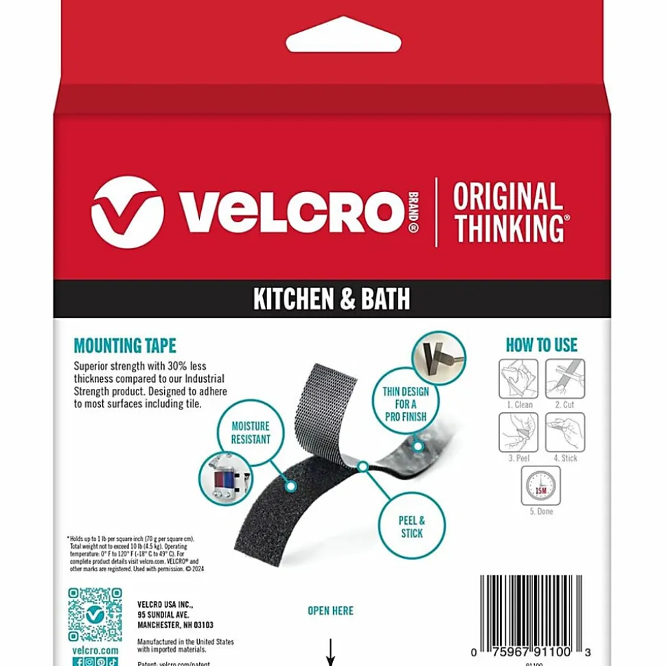 VELCRO® Brand ULTRA-MATE® Self Stick Tape, 1" x 120", Black