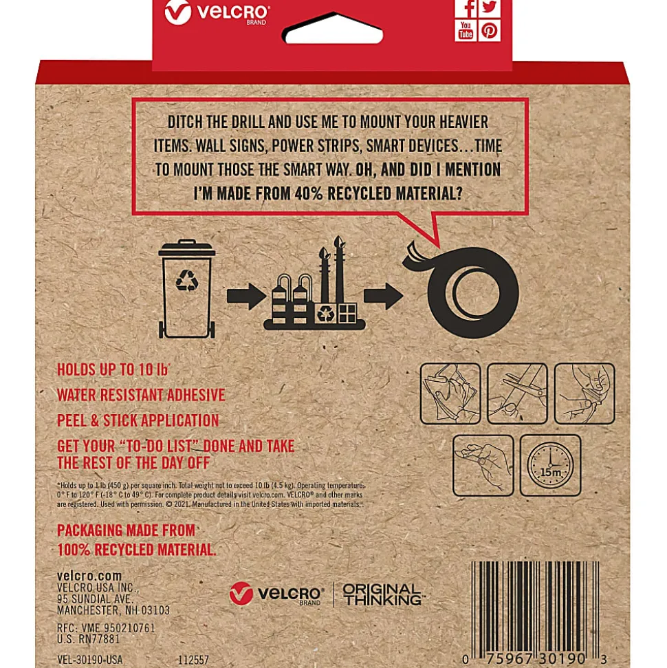 VELCRO® Eco Collection Adhesive Backed Tape - 8 ft Length x 1.88" Width - Black - 1 Each