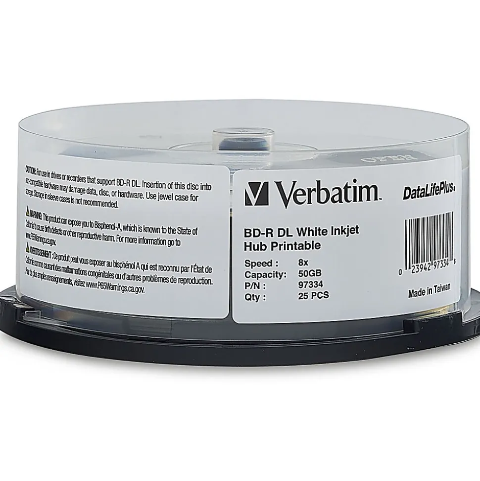 Verbatim BD-R DL 50GB 8X, White Label, DataLife+, White InkJet Hub Printable, 25PK Spindle - 50GB - 120mm Standard - 25 Pack Spindle