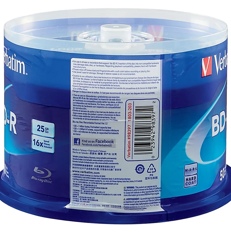 Verbatim BD-R 25GB 16X with Branded Surface - 50pk Spindle - 50pk Spindle