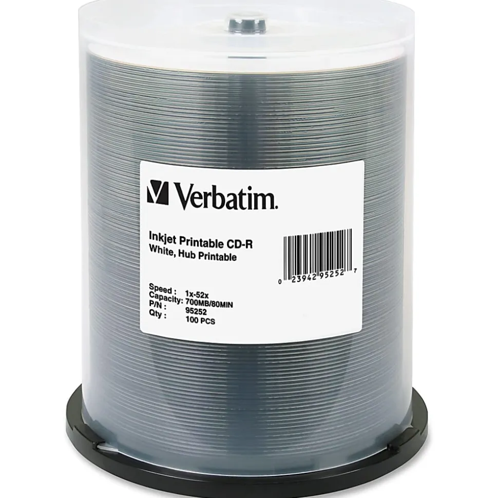 Verbatim® CD-R Printable Disc Spindle, White, Pack Of 100