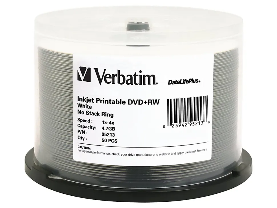 Verbatim® DataLifePlus® DVD+RW Printable Disc Spindle, White, Pack Of 50