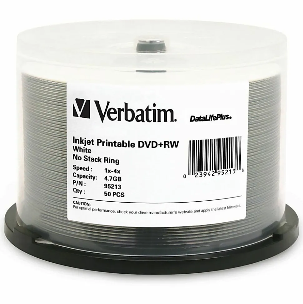 Verbatim® DataLifePlus® DVD+RW Printable Disc Spindle, White, Pack Of 50