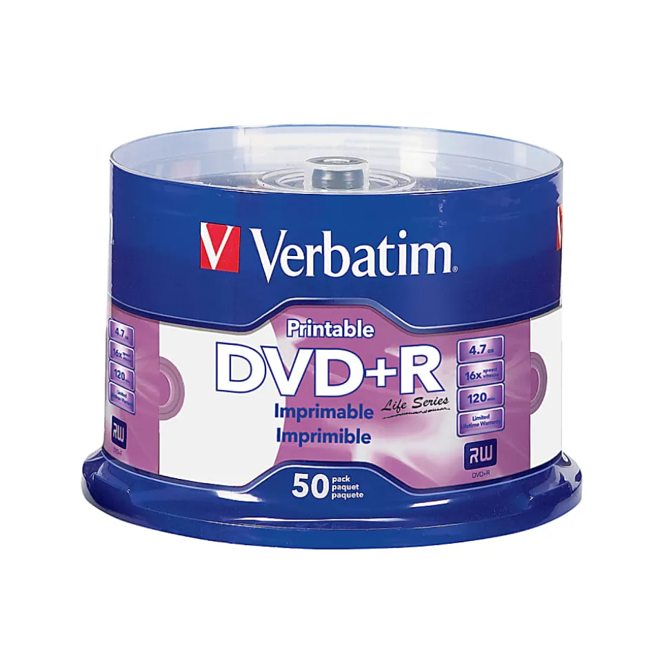 Verbatim DVD+R 4.7GB 16X Life Series, White, Spindle Of 50