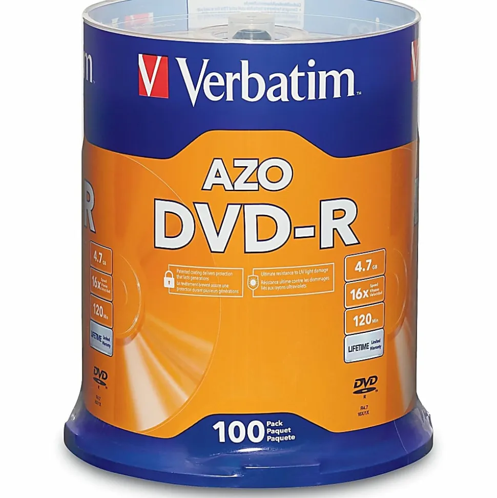 Verbatim® DVD-R Recordable Media Spindle, 4.7GB/120 Minutes, Pack Of 100