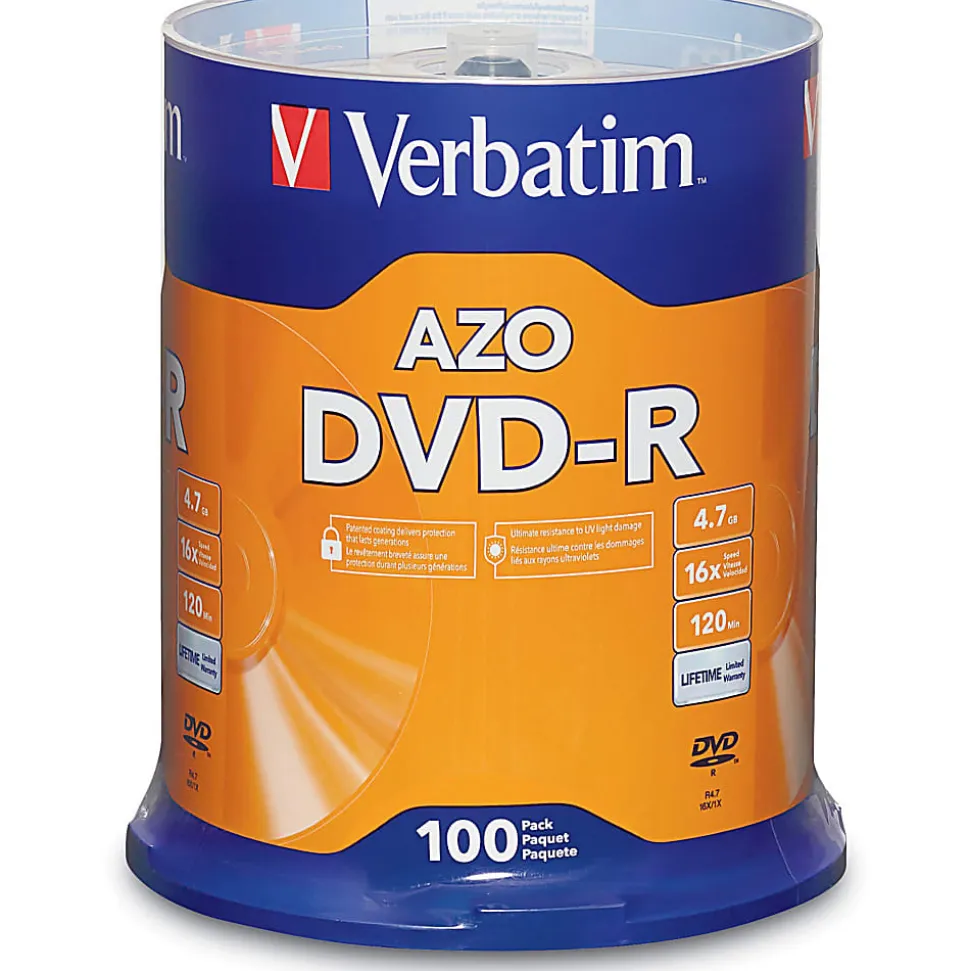Verbatim® DVD-R Recordable Media Spindle, 4.7GB/120 Minutes, Pack Of 100