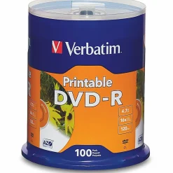 Verbatim® Inkjet Printable DVD-R Spindle, White, Pack Of 100
