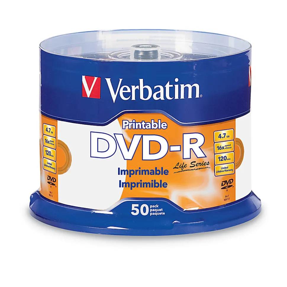 Verbatim® Life Series DVD-R Printable Disc Spindle, Pack Of 50
