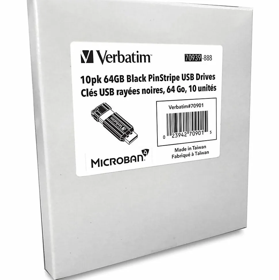 Verbatim® PinStripe USB Flash Drive, 64GB, Black, Pack Of 10