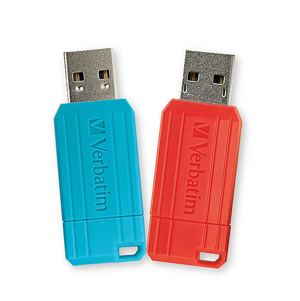 Verbatim® PinStripe USB 2.0 Flash Drives, 64GB, Blue/Red, 2 Pack