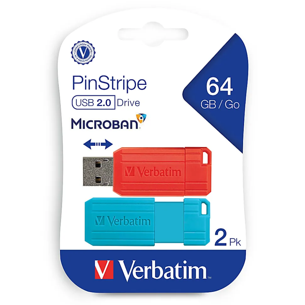Verbatim® PinStripe USB 2.0 Flash Drives, 64GB, Blue/Red, 2 Pack