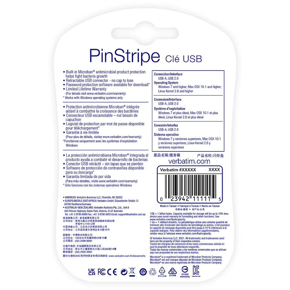 Verbatim® PinStripe USB Flash Drive, 8GB, Black