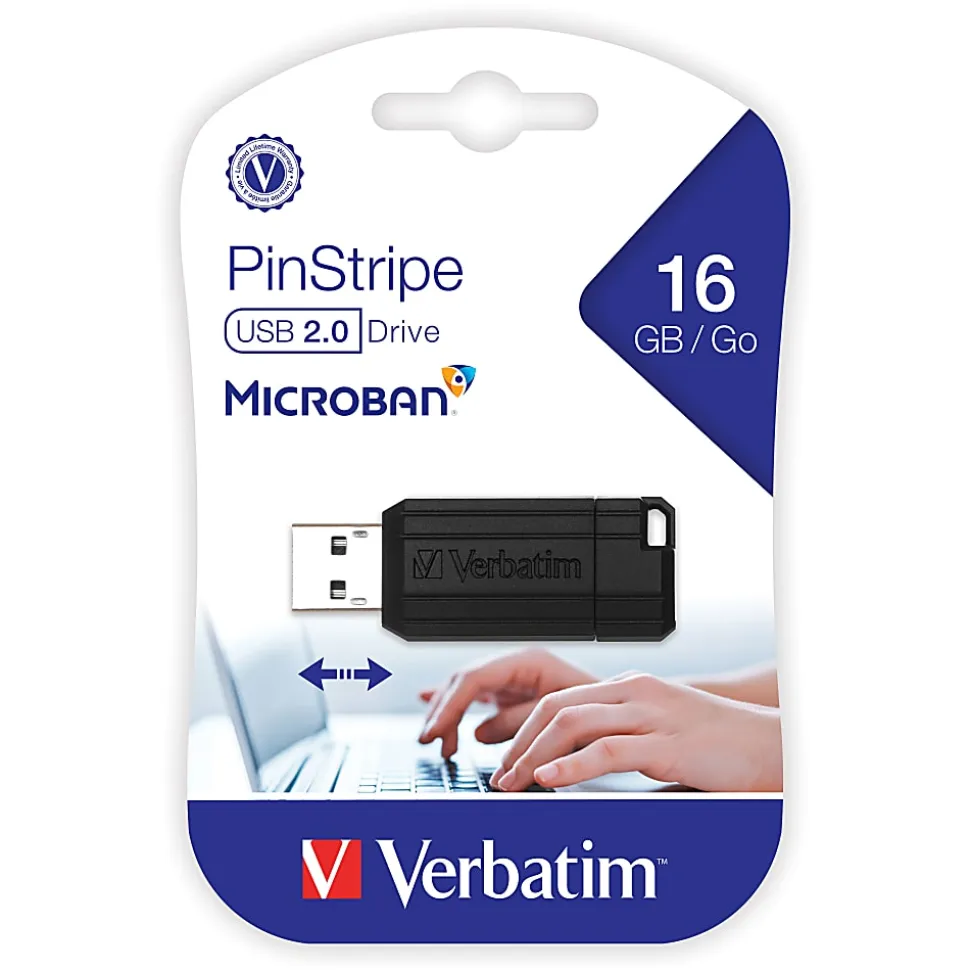 Verbatim® PinStripe USB Flash Drive, 16GB, Black
