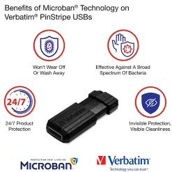 Verbatim® PinStripe USB Flash Drive, 16GB, Black