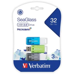 Verbatim® SeaGlass USB 2.0 Flash Drives, 32GB, Assorted Colors, Pack Of 3