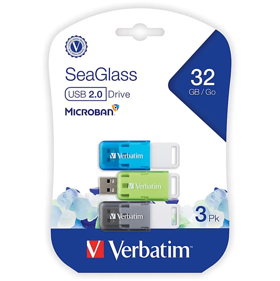 Verbatim® SeaGlass USB 2.0 Flash Drives, 32GB, Assorted Colors, Pack Of 3