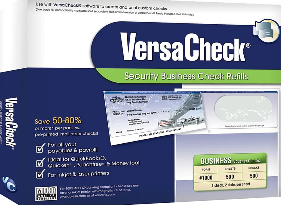 VersaCheck® Security Form #1000 Business Check Refills, Green Prestige, 500 Sheets, Disc