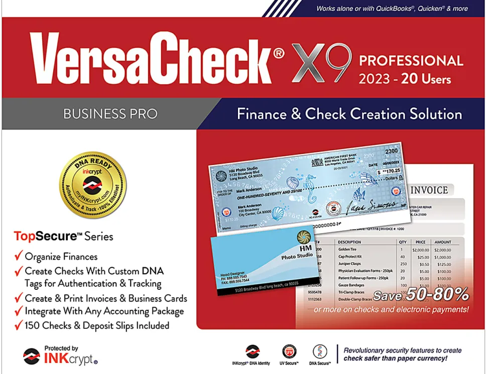 VersaCheck® X9 INKcrypt Professional Software, 2023, For 20 Users, Windows® 8.1/10/11, Disc/Product Key