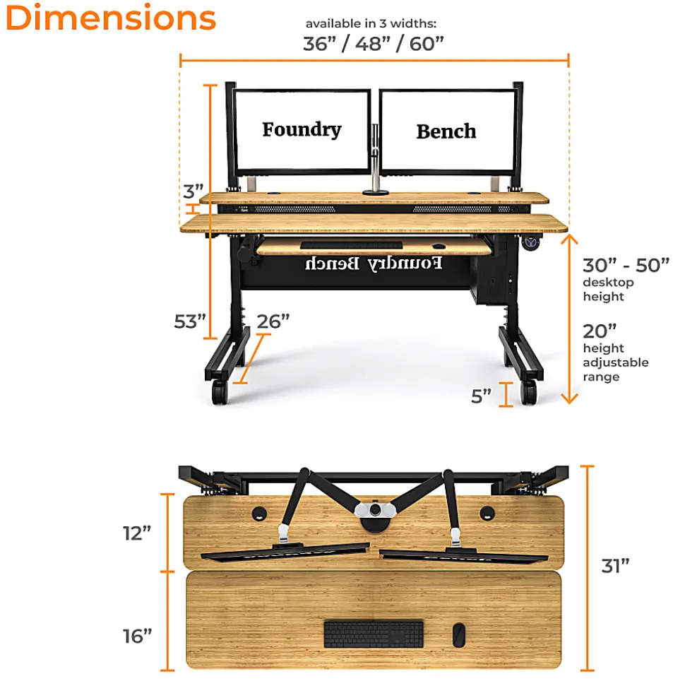VersaDesk® Foundry Bench® Electric Portable Height Adjustable Standing Desk, 60"W, Black/Bamboo